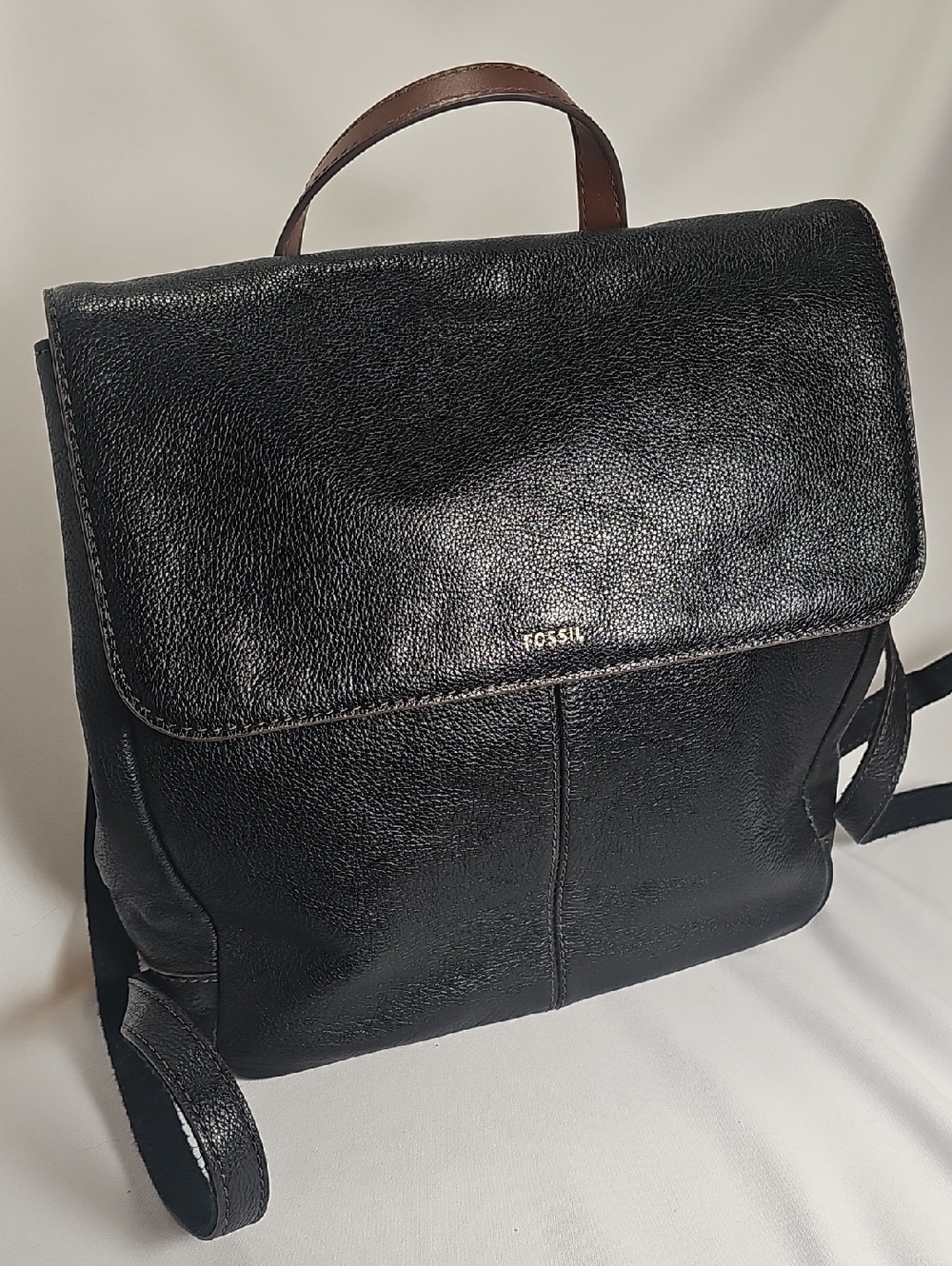 Fossil Black Leather Backpack with Brown Top Handle